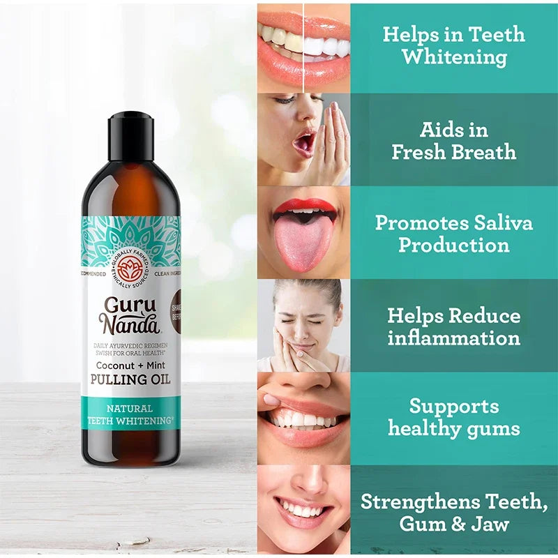 Mouth Health Care GuruNanda Coconut Mint Pulling Oil Mouthwash Alcohol-free Teeth Whitening Fresh Oral Breath Tongue Scraper Set