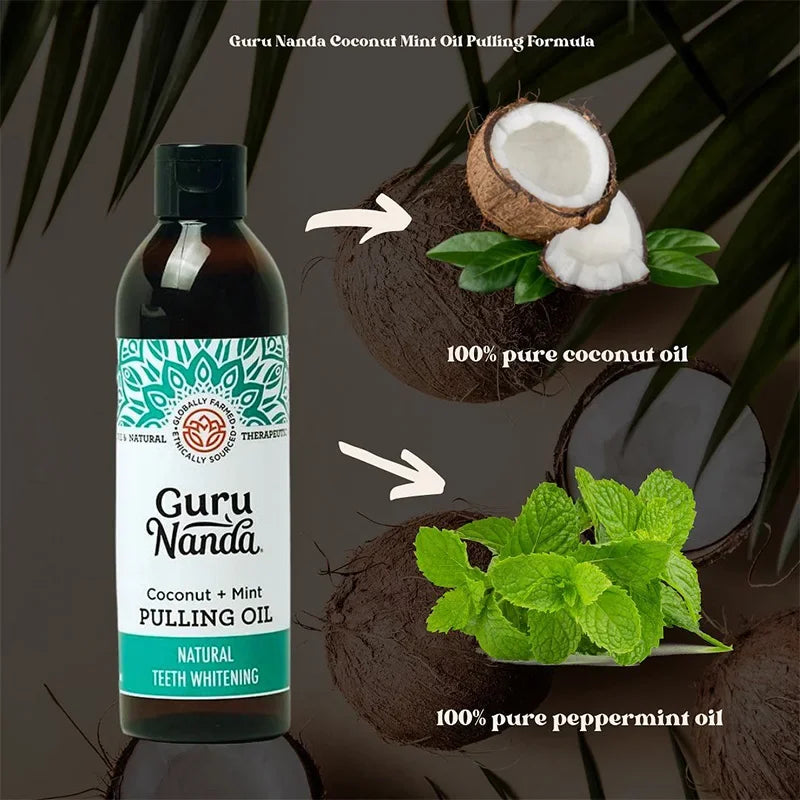 Mouth Health Care GuruNanda Coconut Mint Pulling Oil Mouthwash Alcohol-free Teeth Whitening Fresh Oral Breath Tongue Scraper Set